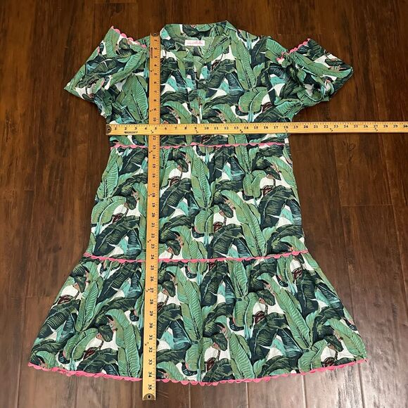 NWOT MARY MARSHMALLOW Tiered Mini Dress Henley in Green Palm Print - Picture 10 of 11